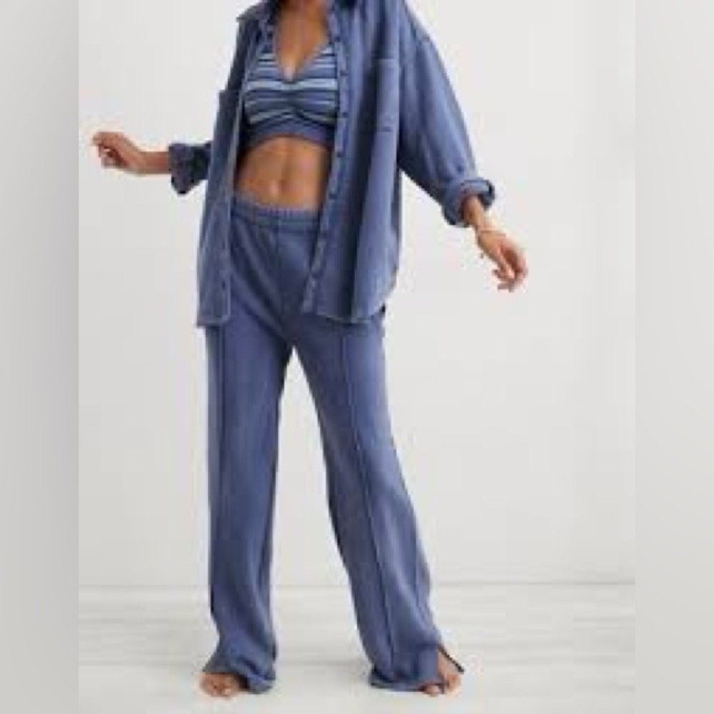 Aerie Low Rise Blue Wide Leg Pintuck Skater Pants Small Oversized‎